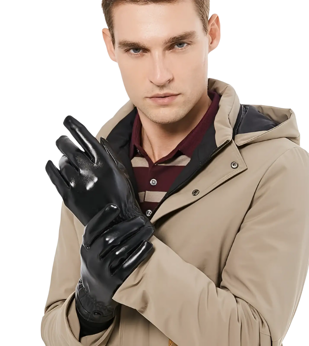 Mens black leather winter gloves with glossy finish and reinforced stitching shown from the back side