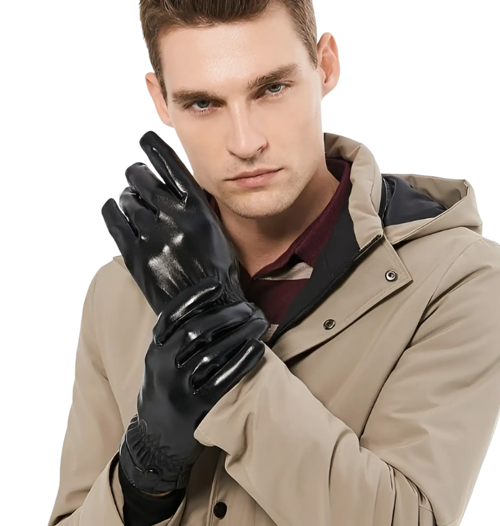 Mens black leather winter gloves showing the back with a glossy finish and subtle embossed pattern for warmth