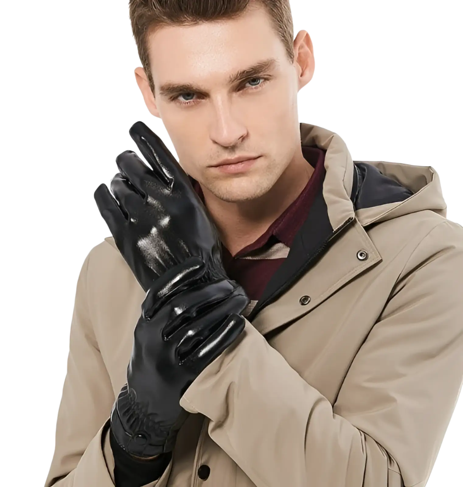 Mens black leather winter gloves showing the back with a glossy finish and subtle embossed pattern for warmth