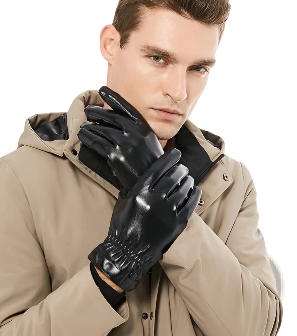 Mens black leather winter gloves with glossy finish snug wrist cuff and subtle stitching details on the back side