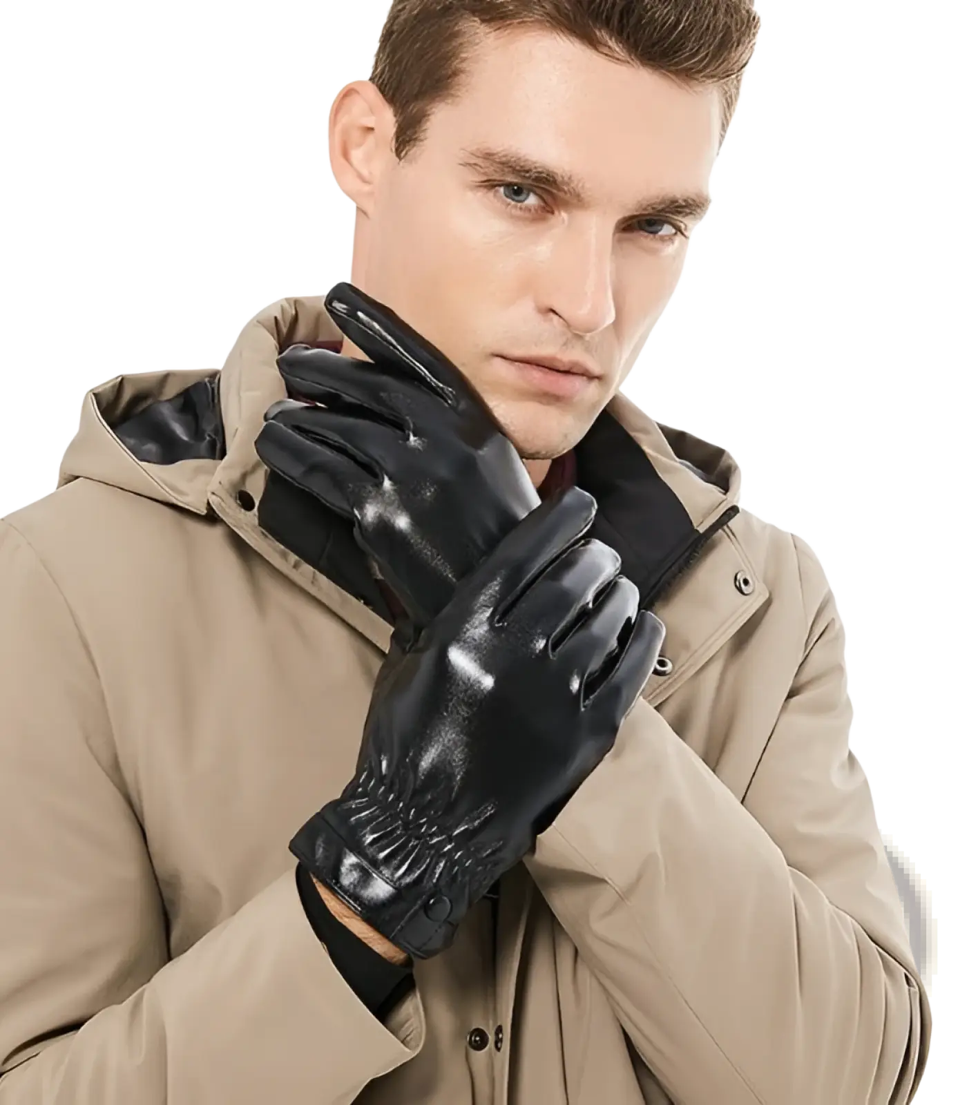Mens black leather winter gloves with glossy finish snug wrist cuff and subtle stitching details on the back side