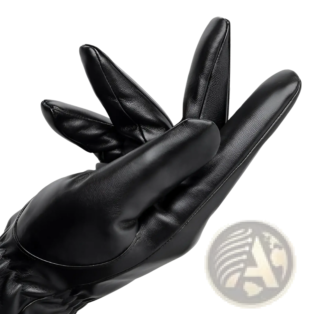 Mens black leather winter gloves with smooth glossy finish and precise stitching on the back side of fingers