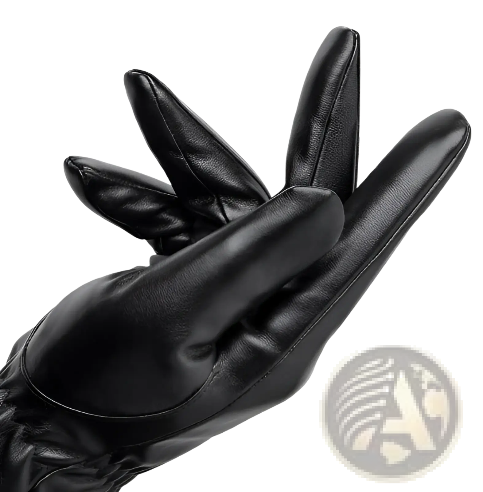 Mens black leather winter gloves with smooth glossy finish and precise stitching on the back side of fingers