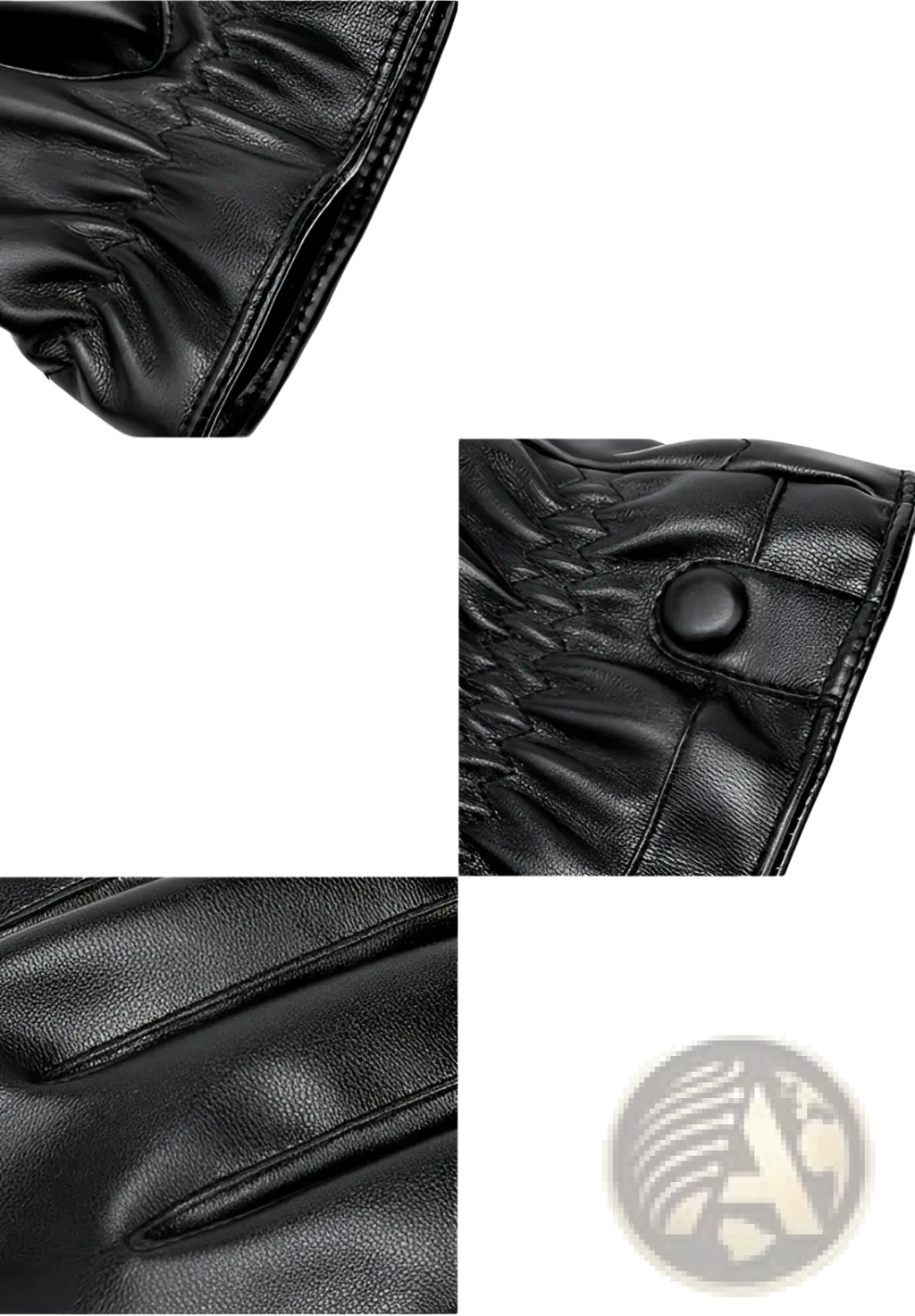 Mens black leather warm pu winter gloves with quilted stitching and button closure shown from the back side