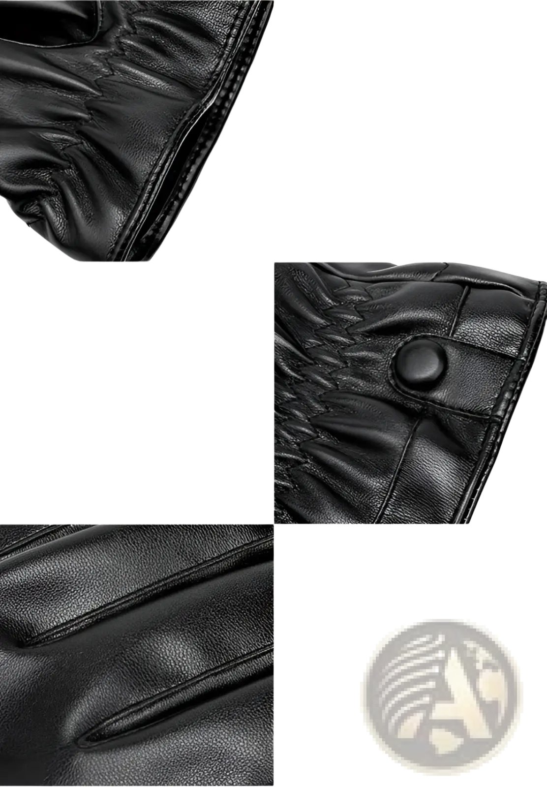 Mens black leather warm pu winter gloves with quilted stitching and button closure shown from the back side