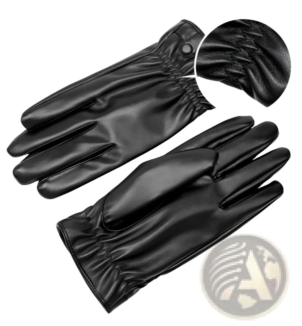 Mens black leather winter gloves with smooth finish and elasticated cuffs for warmth and comfort