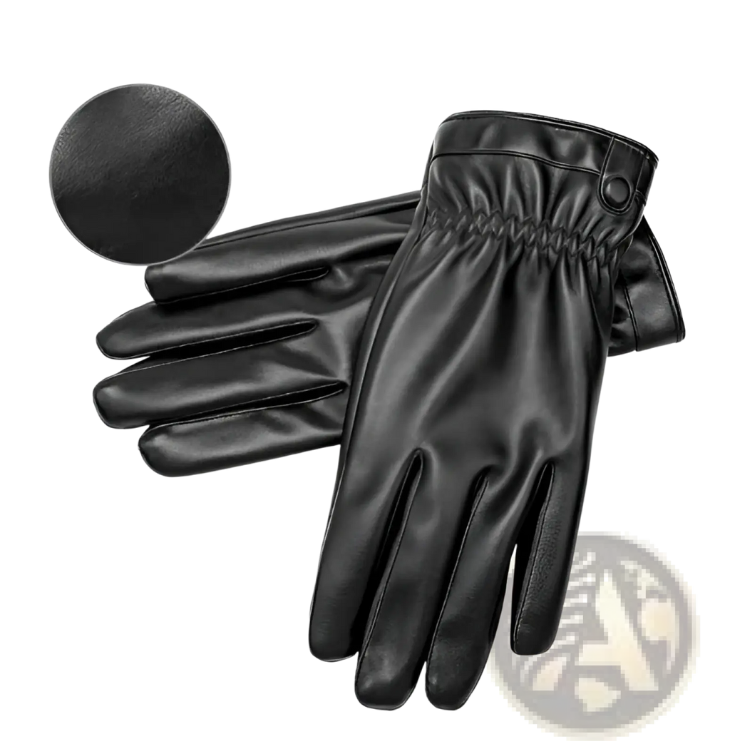 Mens black leather winter gloves with smooth texture and elasticated wristband for warmth and comfort