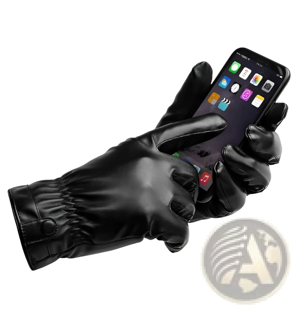 Mens black leather winter gloves with snug fit elastic wristband made of warm pu material