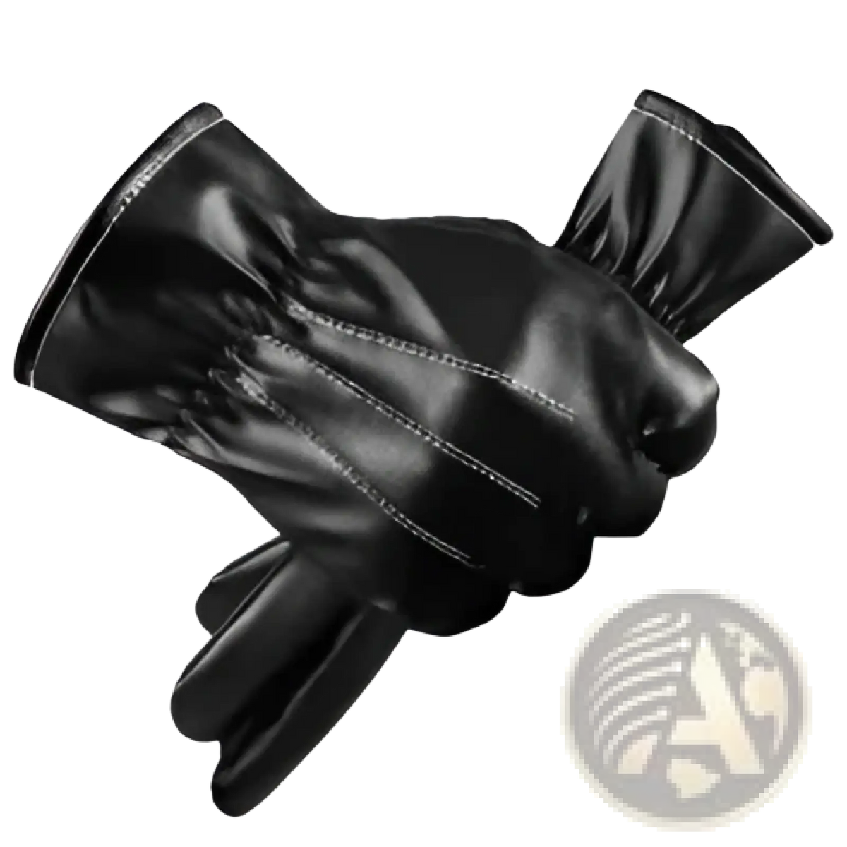 Mens black leather winter gloves with white stitching and plush warm lining for cold weather use