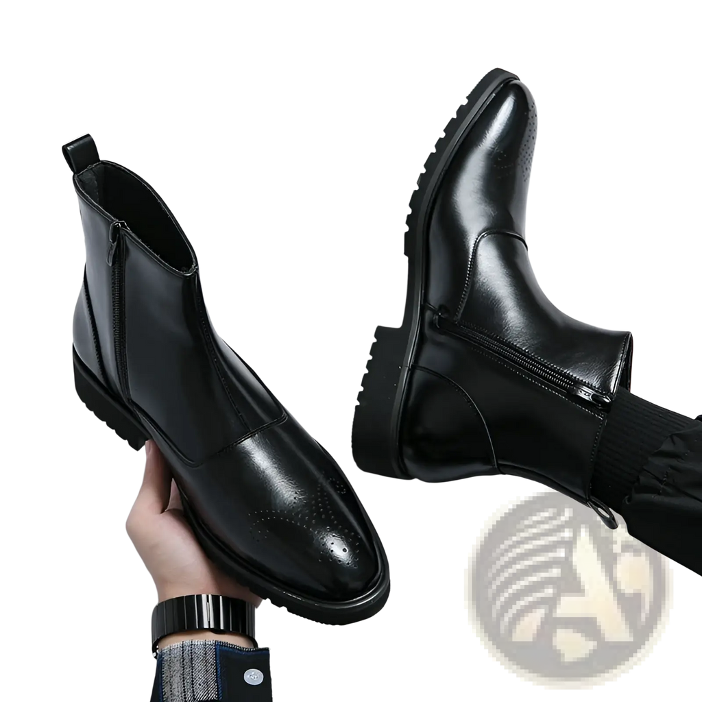 Men’s black patent leather chelsea boots with glossy finish and brogue detailing on the pointed toe