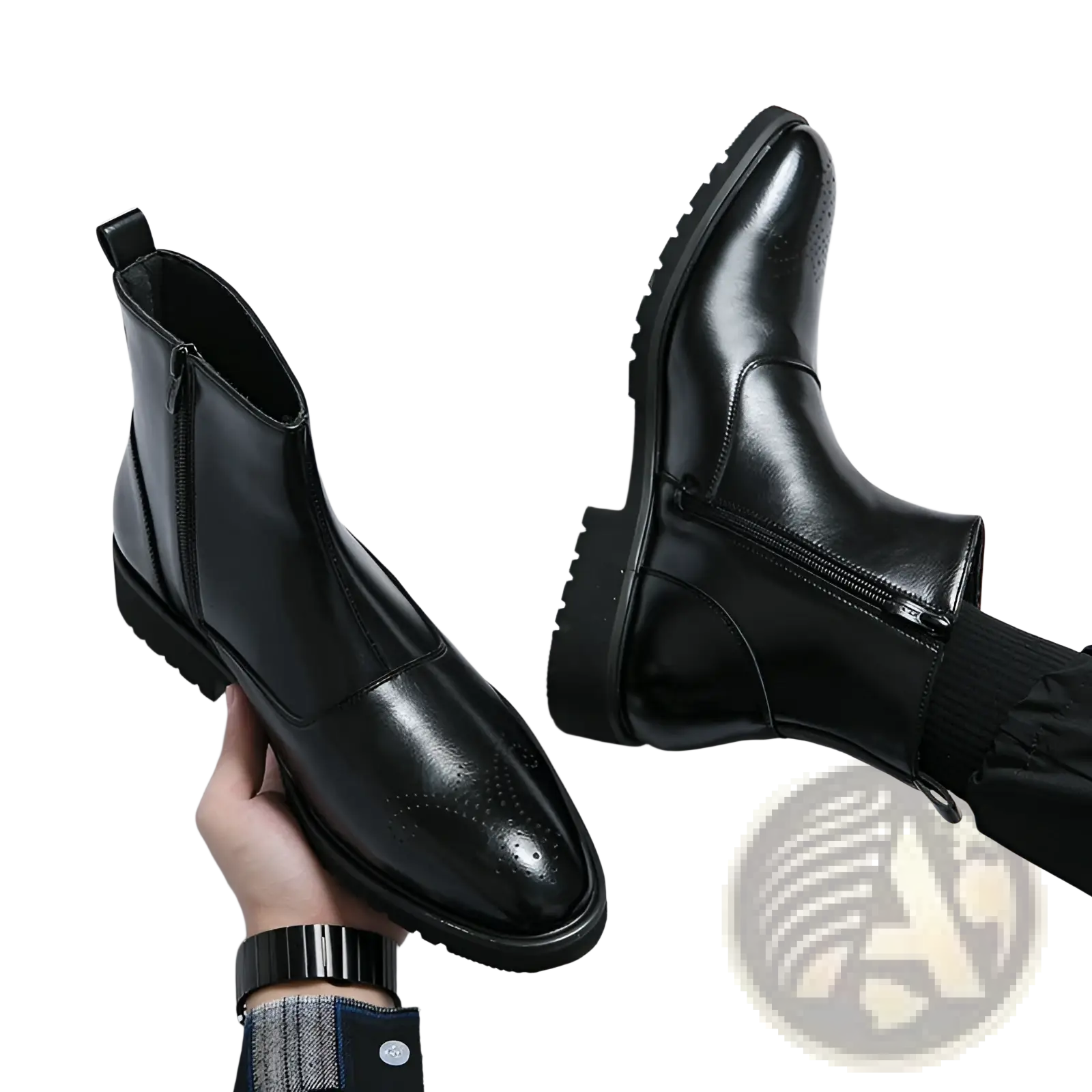 Men’s black patent leather chelsea boots with glossy finish and brogue detailing on the pointed toe