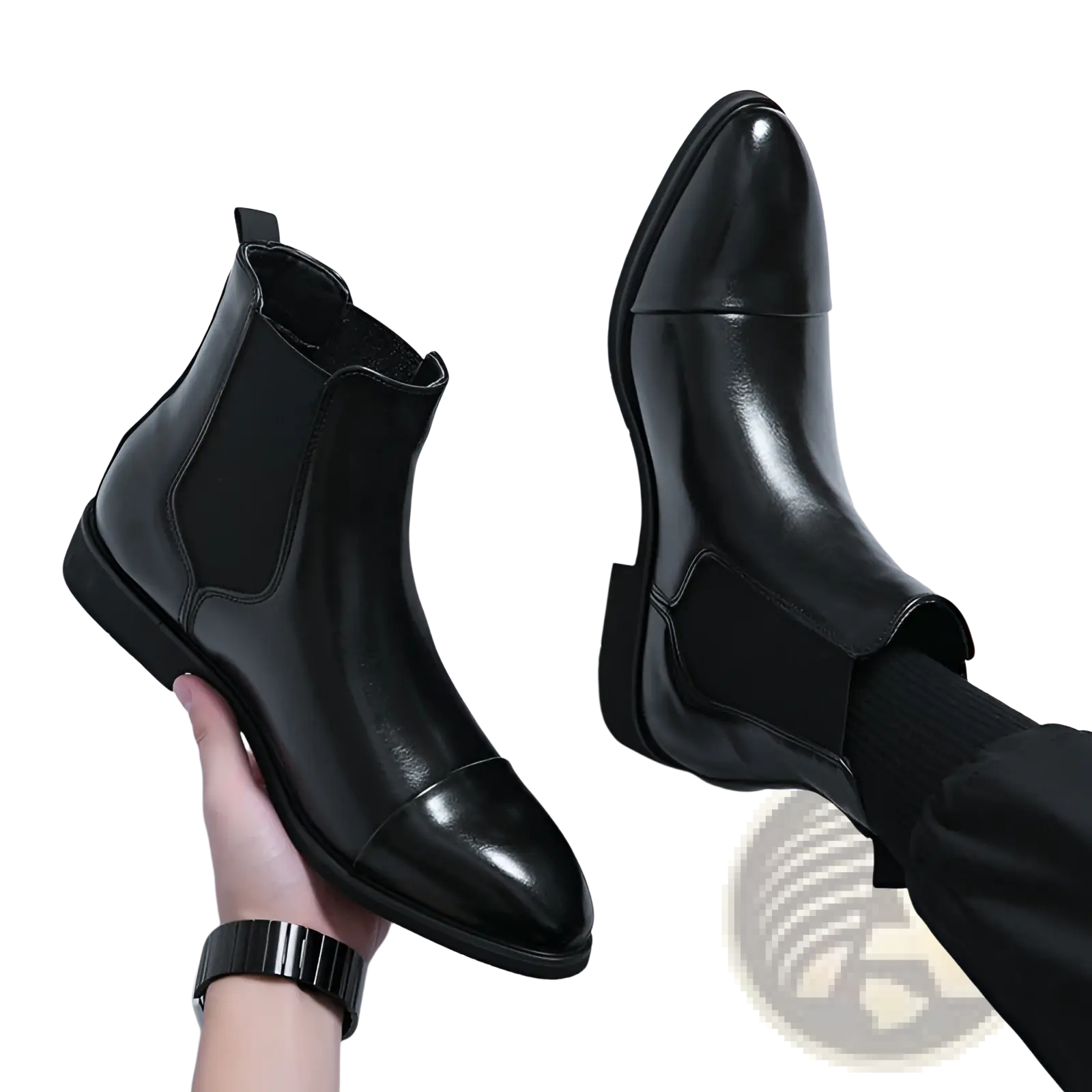 Men’s black patent leather chelsea boots with a pointed toe and elastic side panels for a sleek appearance