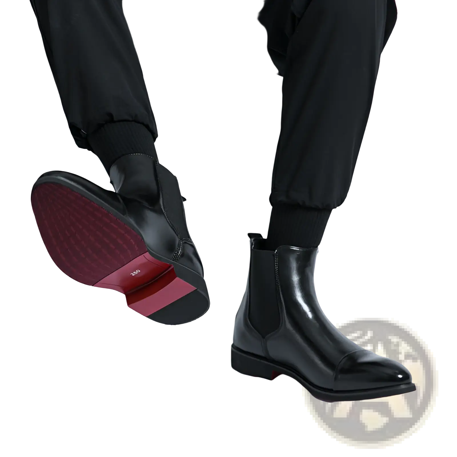 Men’s black patent leather Chelsea boots with pointed toe and glossy finish featuring contrasting red soles