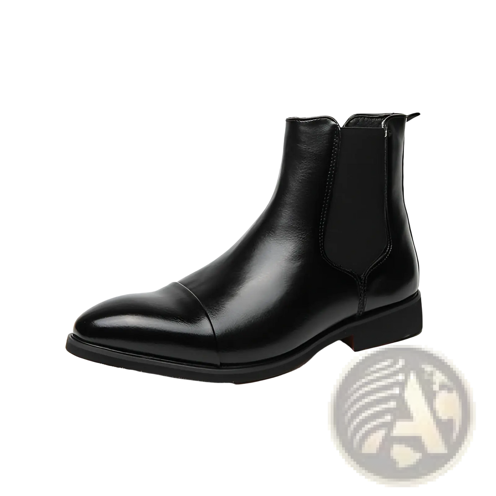 Men’s black patent leather chelsea boots with pointed toe and sleek polished finish featuring elastic side panels
