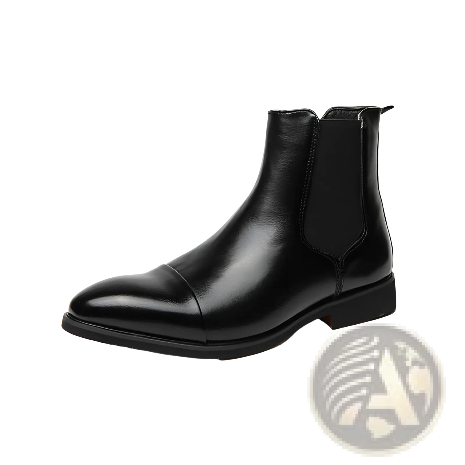 Men’s black patent leather chelsea boots with pointed toe and sleek polished finish featuring elastic side panels