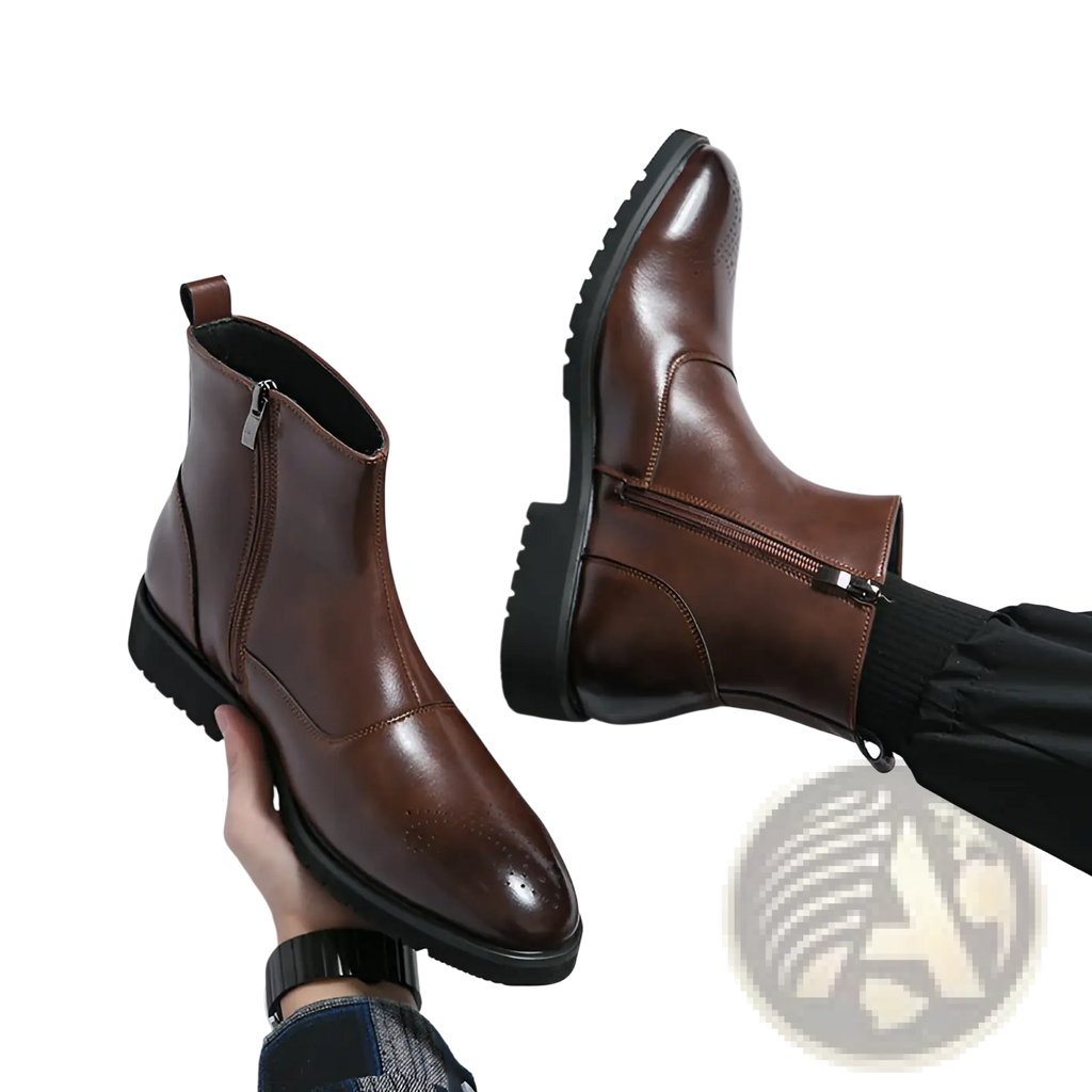 Men’s brown leather chelsea boots with pointed toe and black rubber sole for stylish casual wear