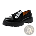 Men’s black patent leather tassel loafer with chunky textured sole suitable for formal and casual wear