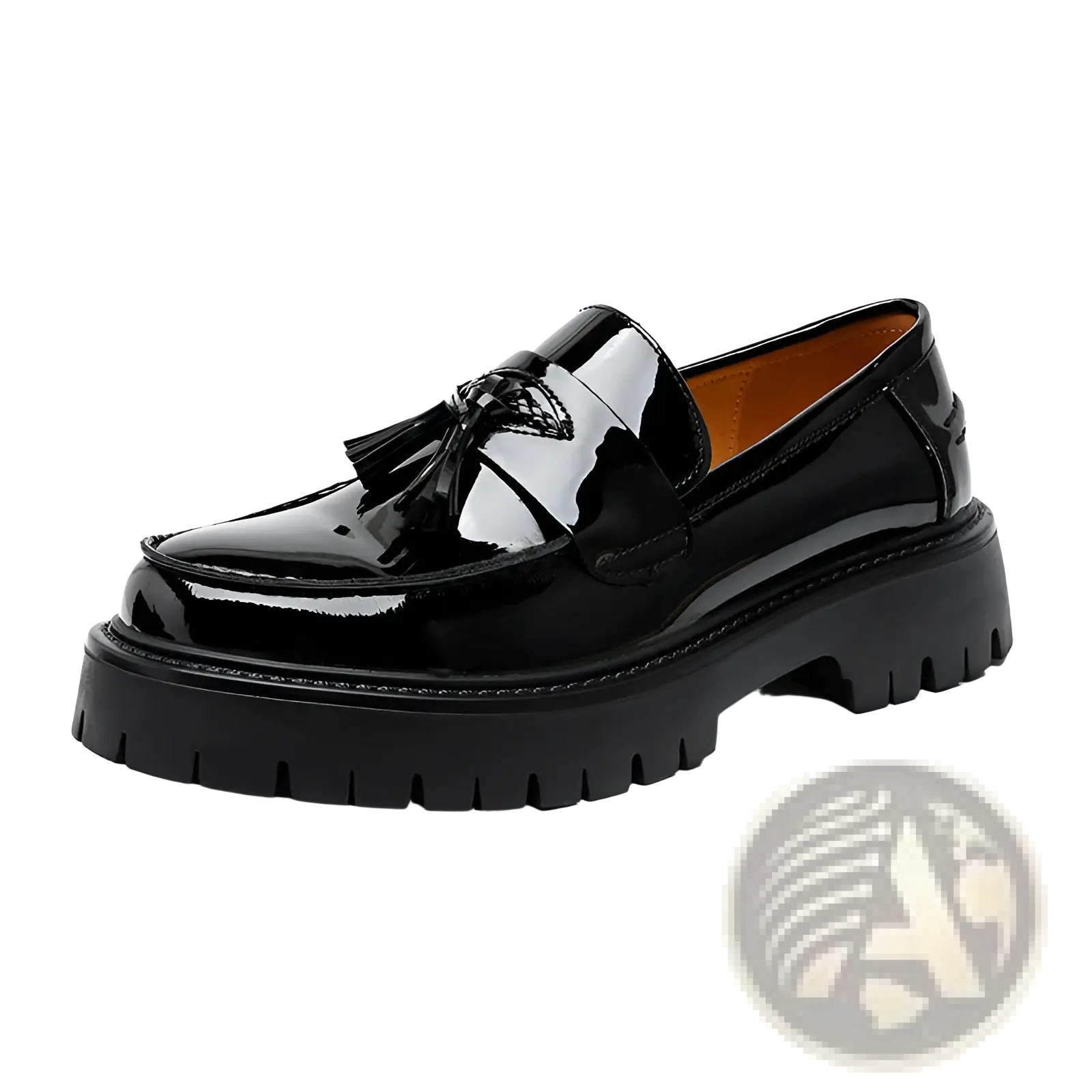 Men’s black patent leather tassel loafer with chunky textured sole suitable for formal and casual wear
