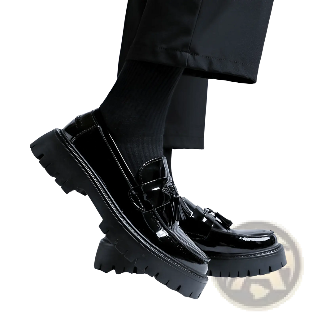 Men’s black patent leather tassel platform shoes featuring a chunky textured sole for stylish durability