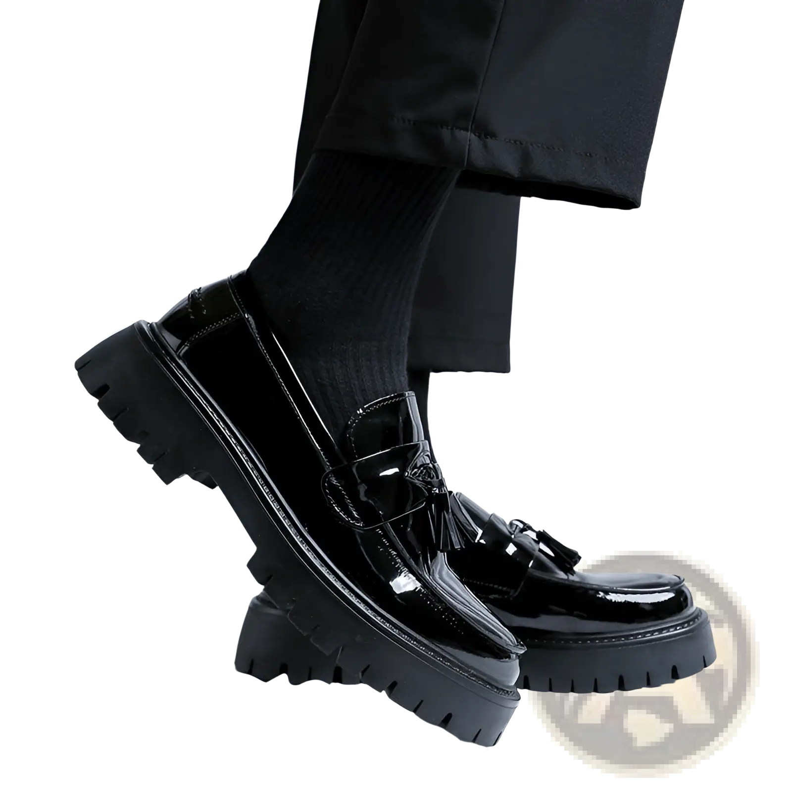 Men’s black patent leather tassel platform shoes featuring a chunky textured sole for stylish durability