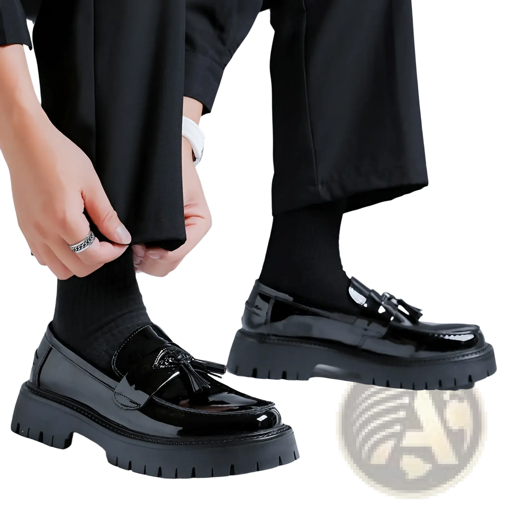 Men’s black patent leather tassel platform shoes with thick textured rubber sole and decorative front tassels