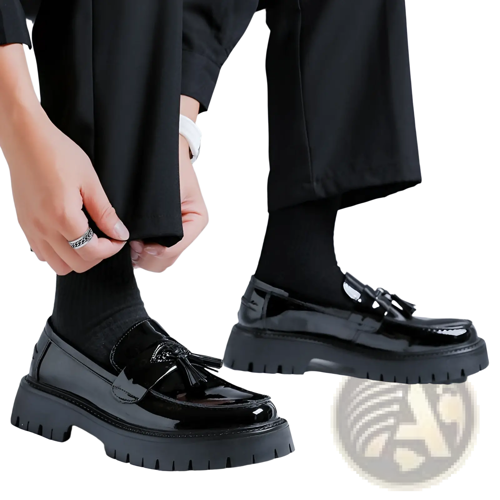 Men’s black patent leather tassel platform shoes with thick textured rubber sole and decorative front tassels
