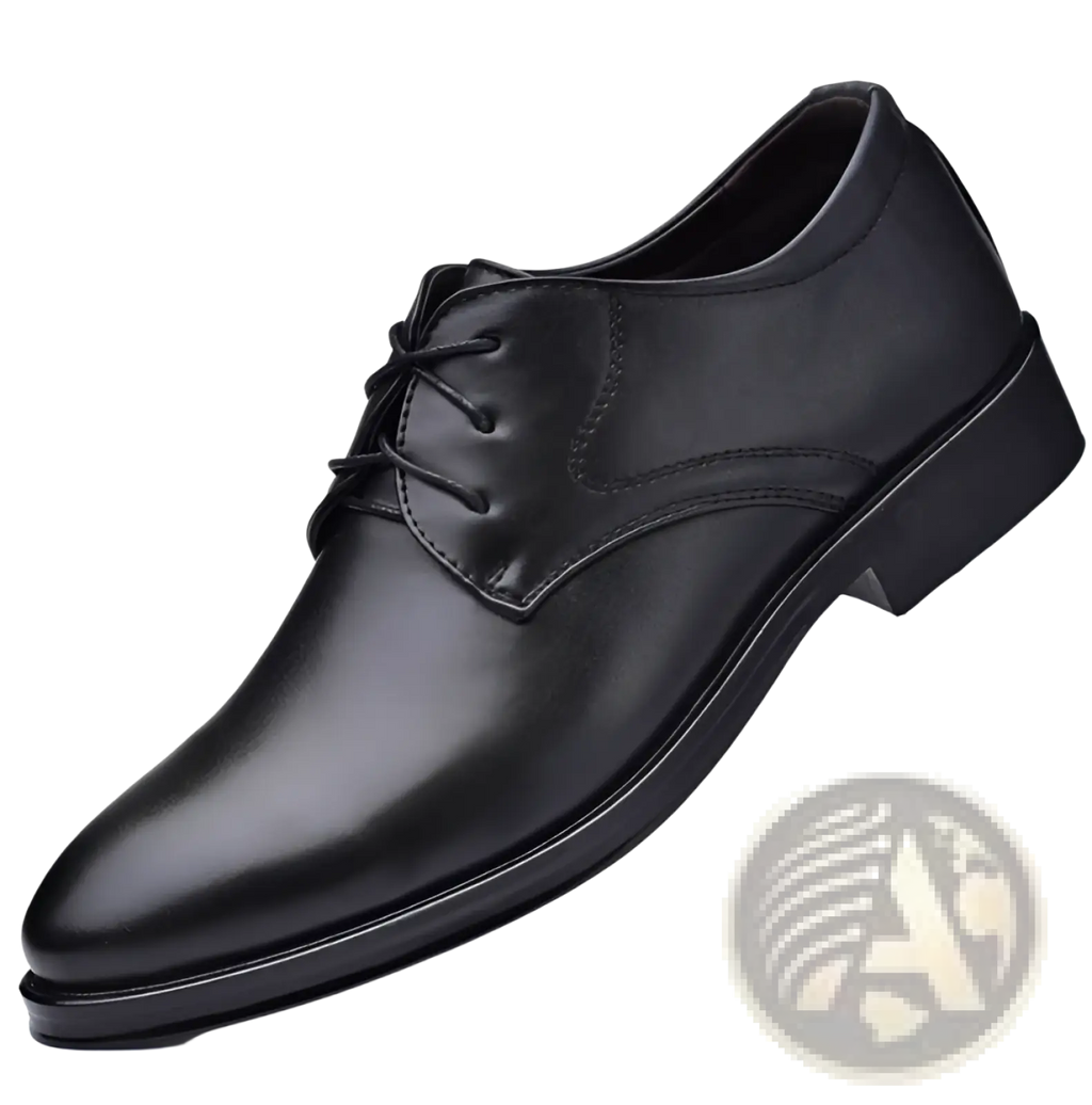 Men’s black pointed toe leather oxford dress shoe with polished finish and classic lace-up design