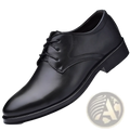 Men’s black pointed toe leather oxford dress shoe with polished finish and classic lace-up design