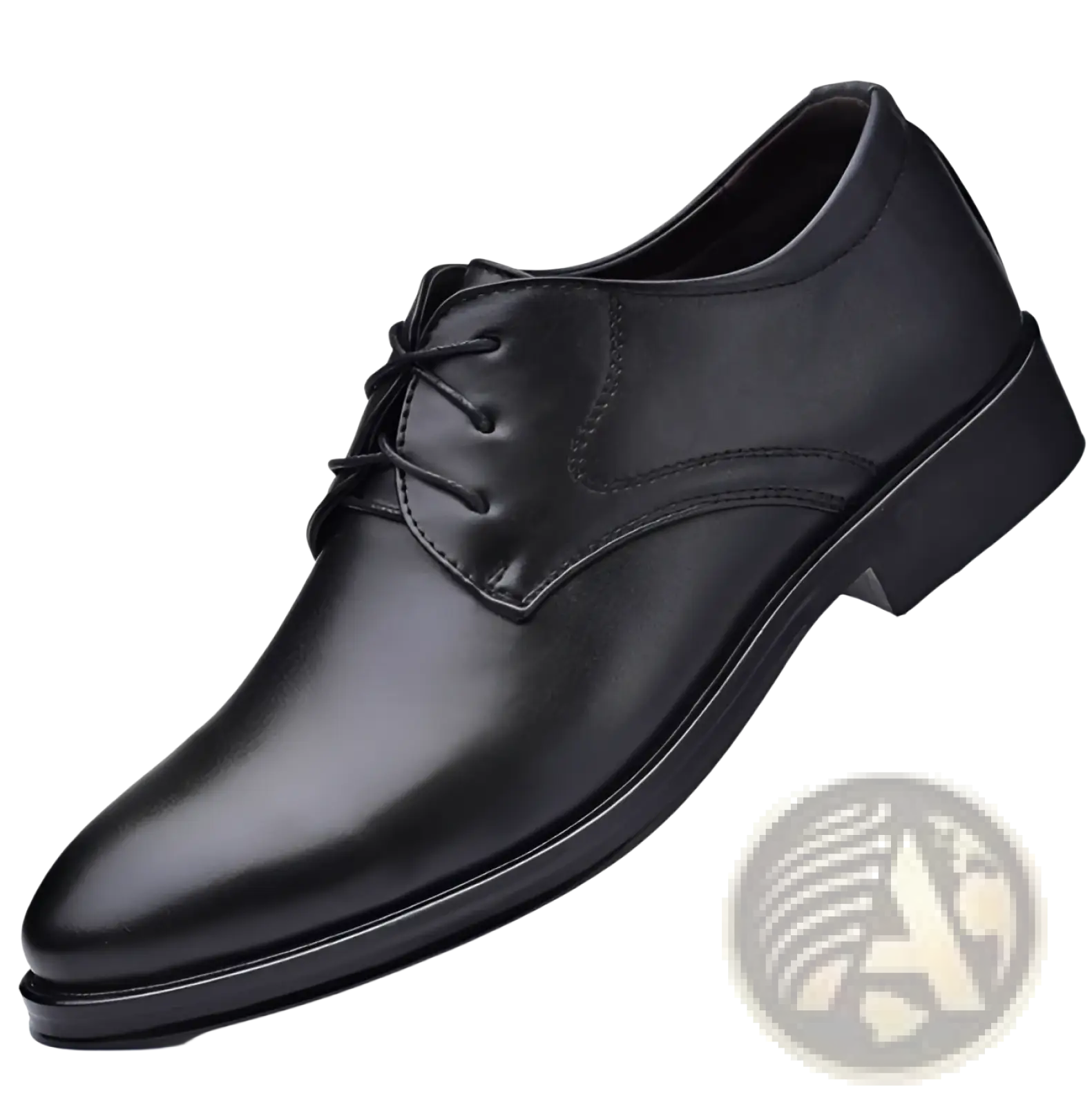 Men’s black pointed toe leather oxford dress shoe with polished finish and classic lace-up design