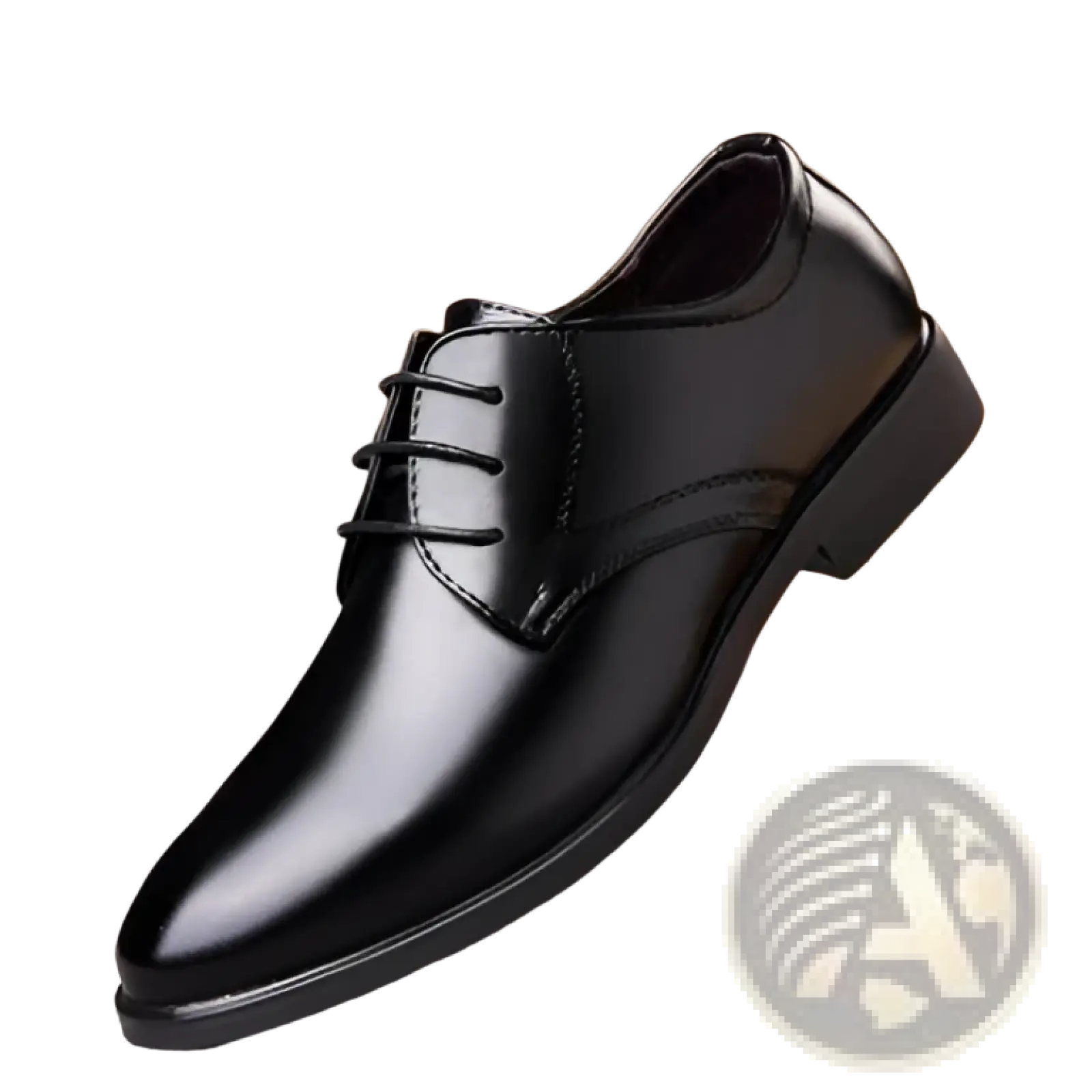 Men’s black pointed toe leather oxford dress shoe with polished finish and classic lace-up design