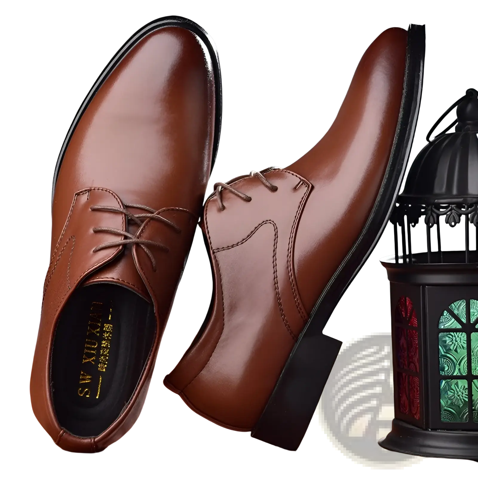 Men’s black pointed toe leather Oxford dress shoes in brown leather with black soles and laces visible from the front