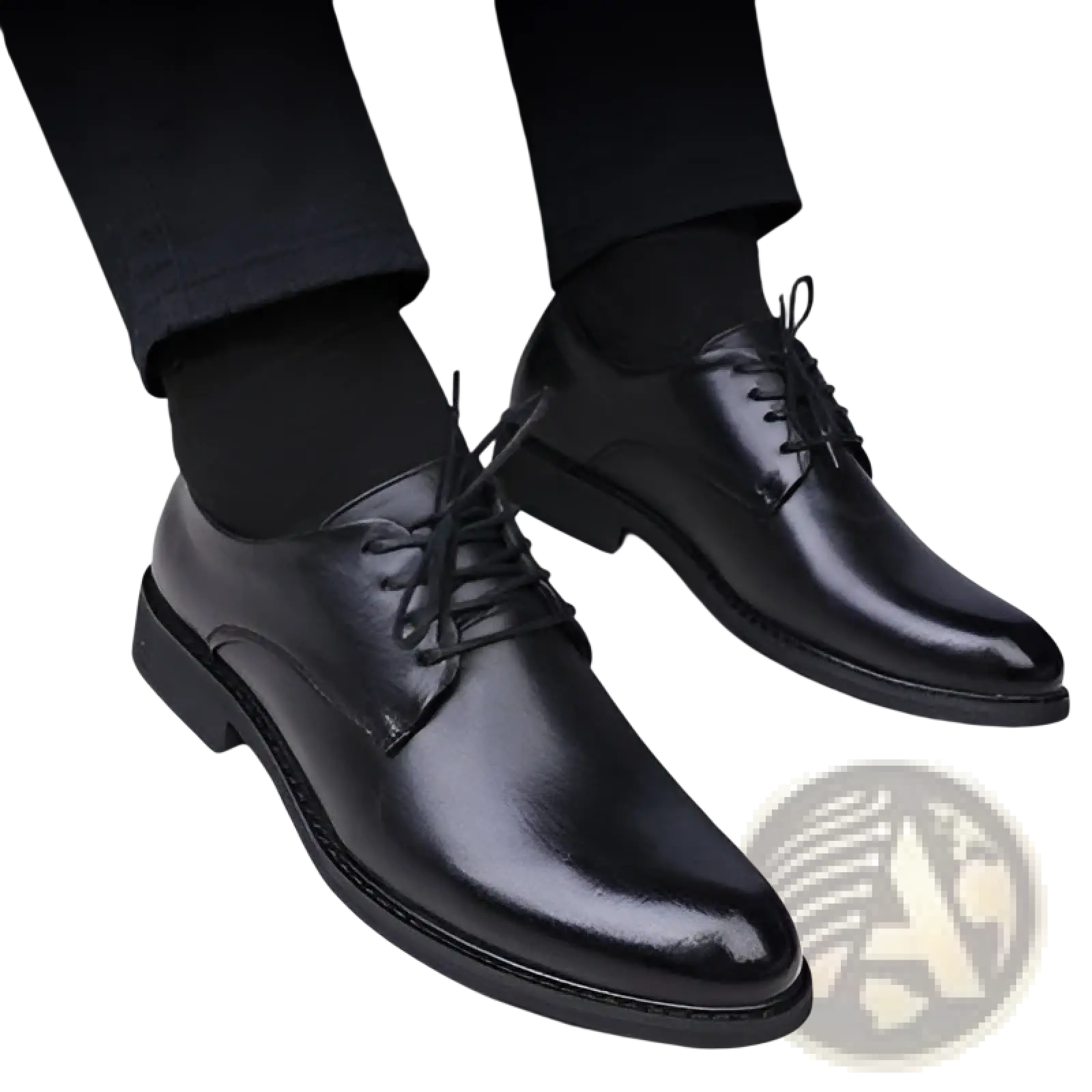 Men’s black pointed toe leather oxford dress shoes with polished finish and classic lace-up design