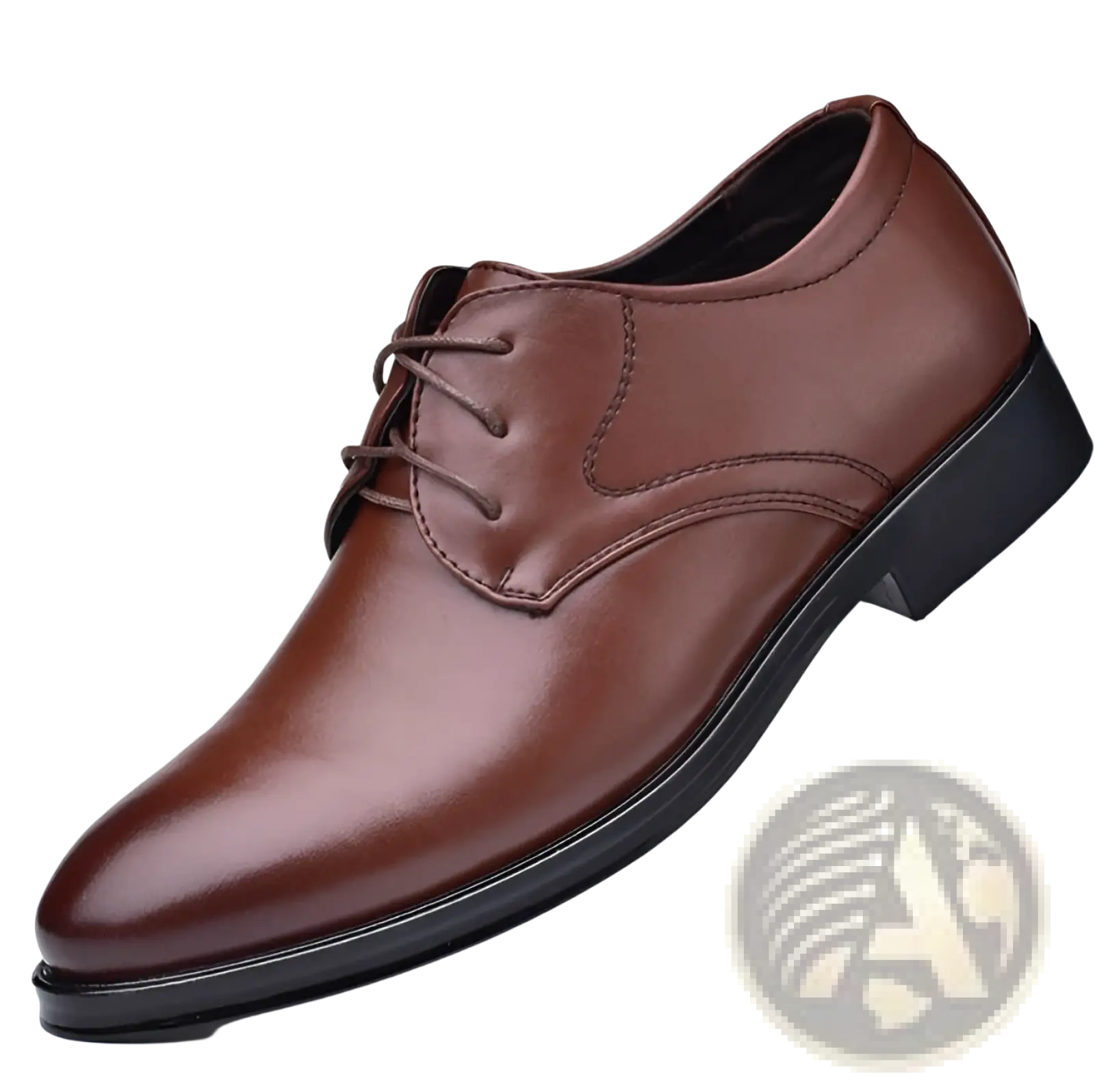 Men’s black pointed toe leather oxford dress shoe with brown leather lace-up upper and black rubber sole