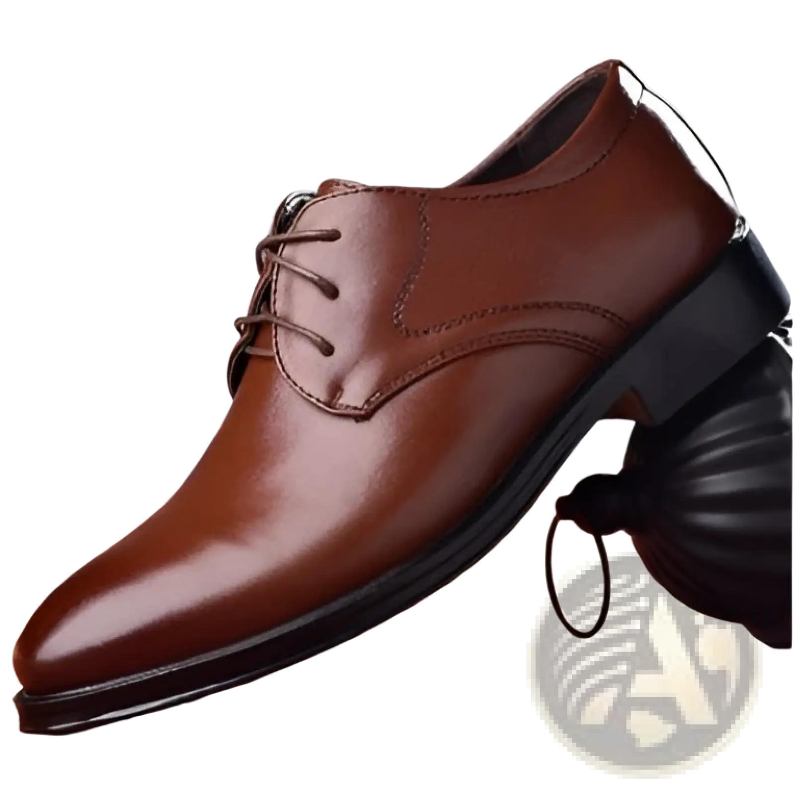 Men’s black pointed toe leather Oxford dress shoe with brown leather upper black rubber sole and laces