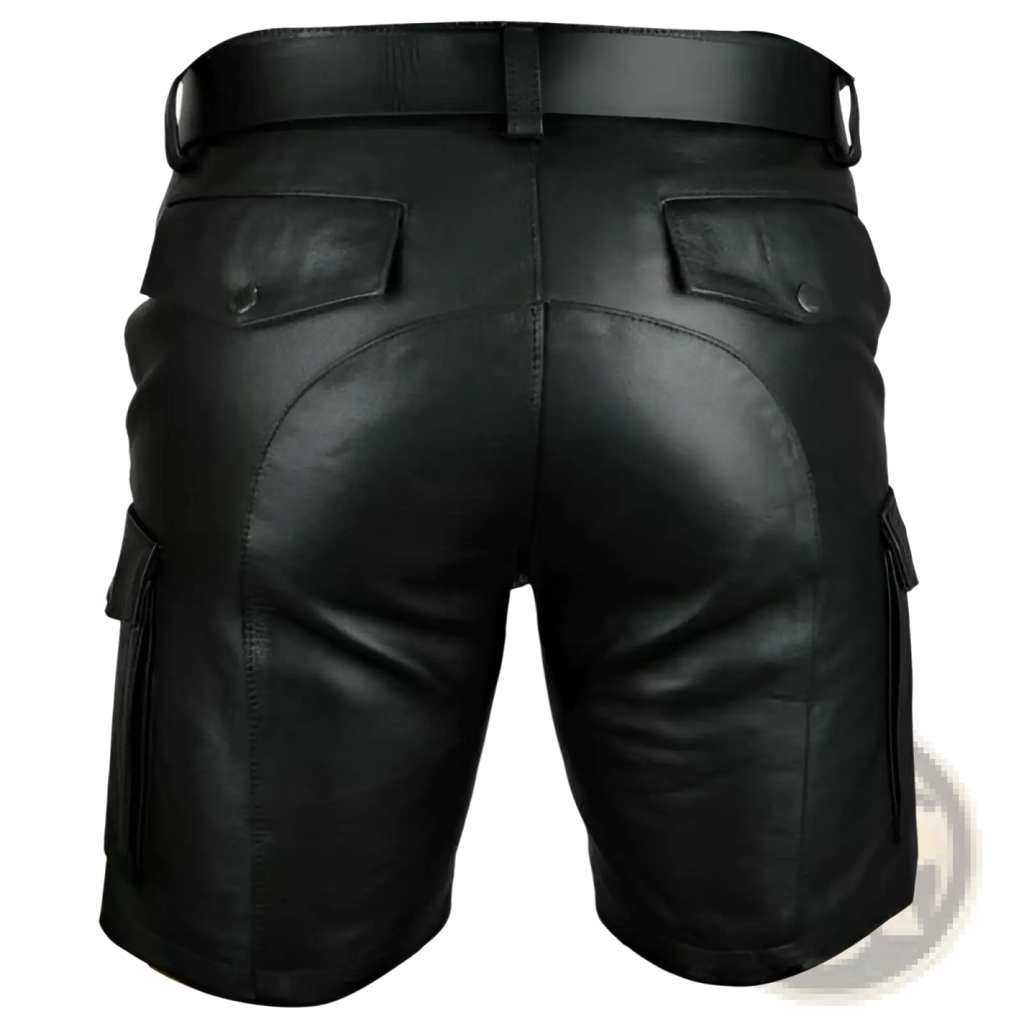 Men’s black pu leather cargo shorts with multi pockets featuring a matching belt for a stylish casual look