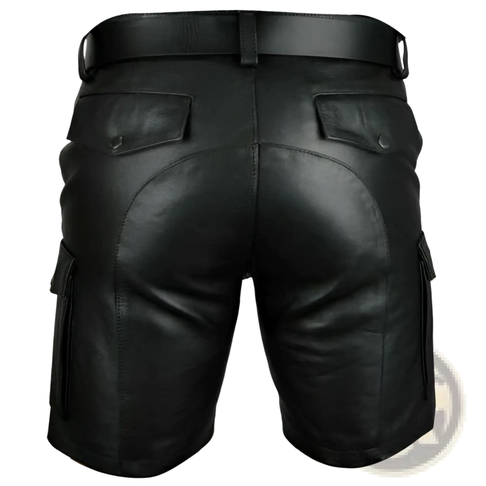 Men’s black pu leather cargo shorts with multi pockets featuring a matching belt for a stylish casual look