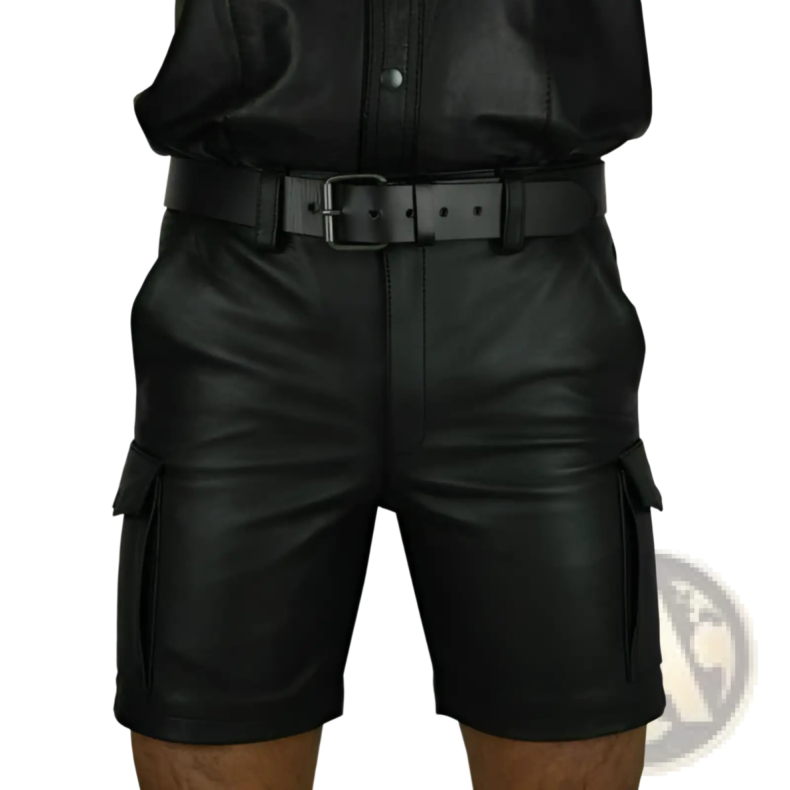 Men’s black pu leather cargo shorts with matte finish and multiple side pockets for functional style
