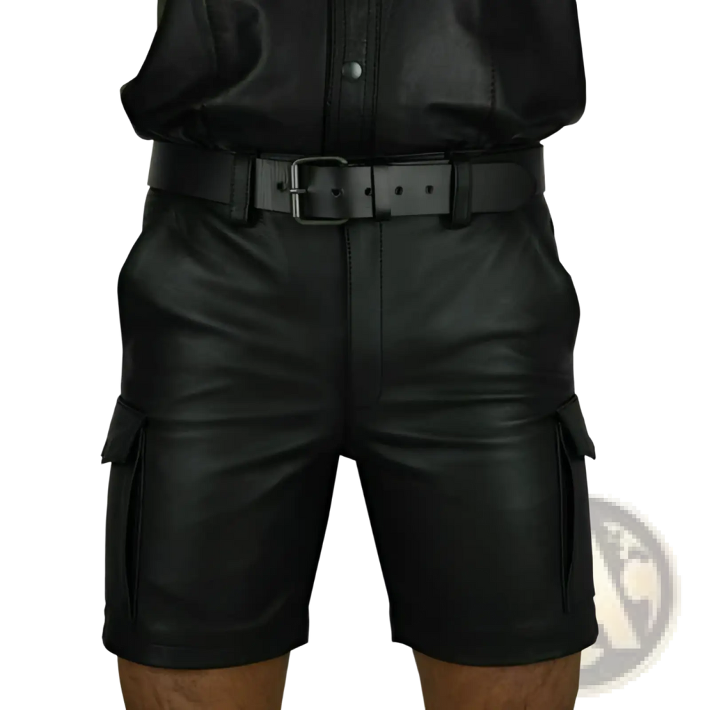 Men’s black pu leather cargo shorts with a matte finish featuring multi side pockets for practical use