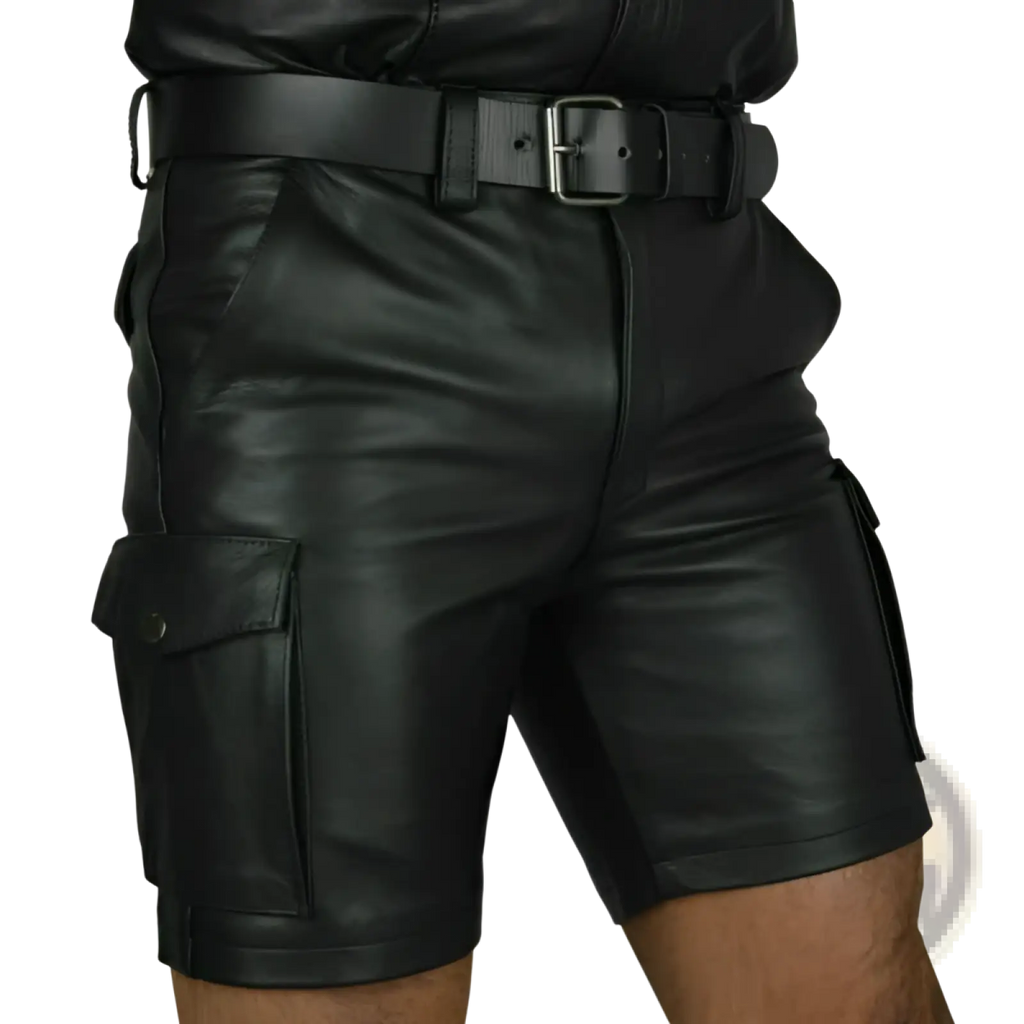 Mens black pu leather cargo shorts with multi pockets featuring matte finish and reinforced stitching