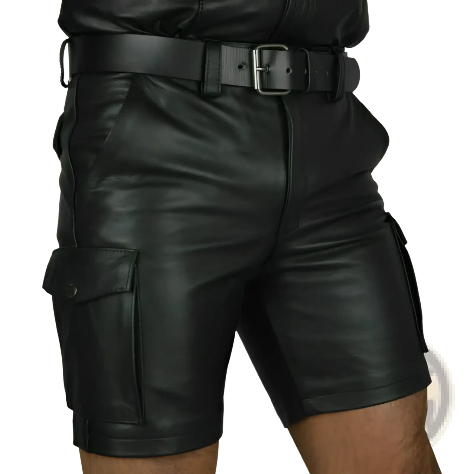 Mens black pu leather cargo shorts with multi pockets featuring matte finish and reinforced stitching