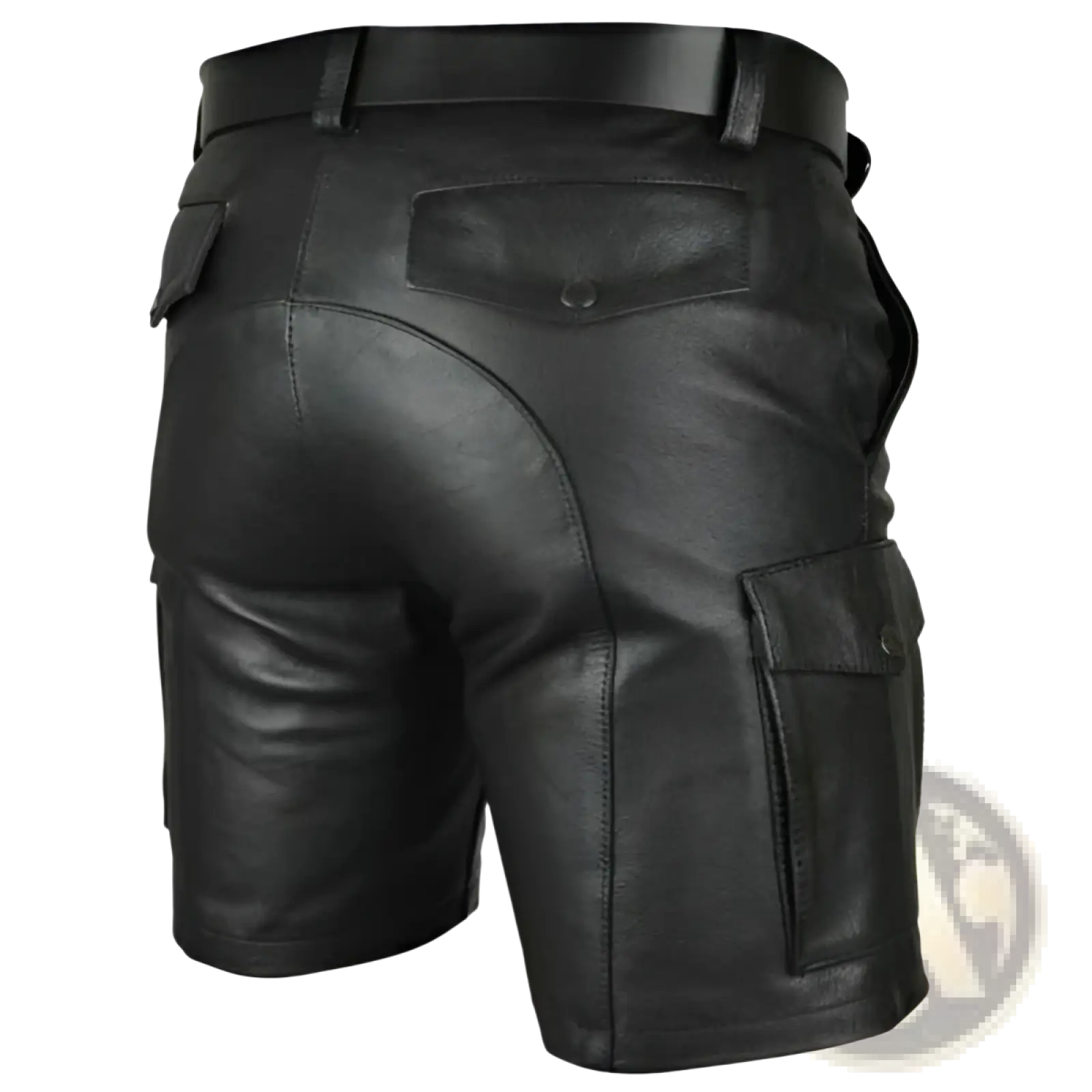 Men’s black pu leather cargo shorts with multiple pockets and a matching belt shown from the front side