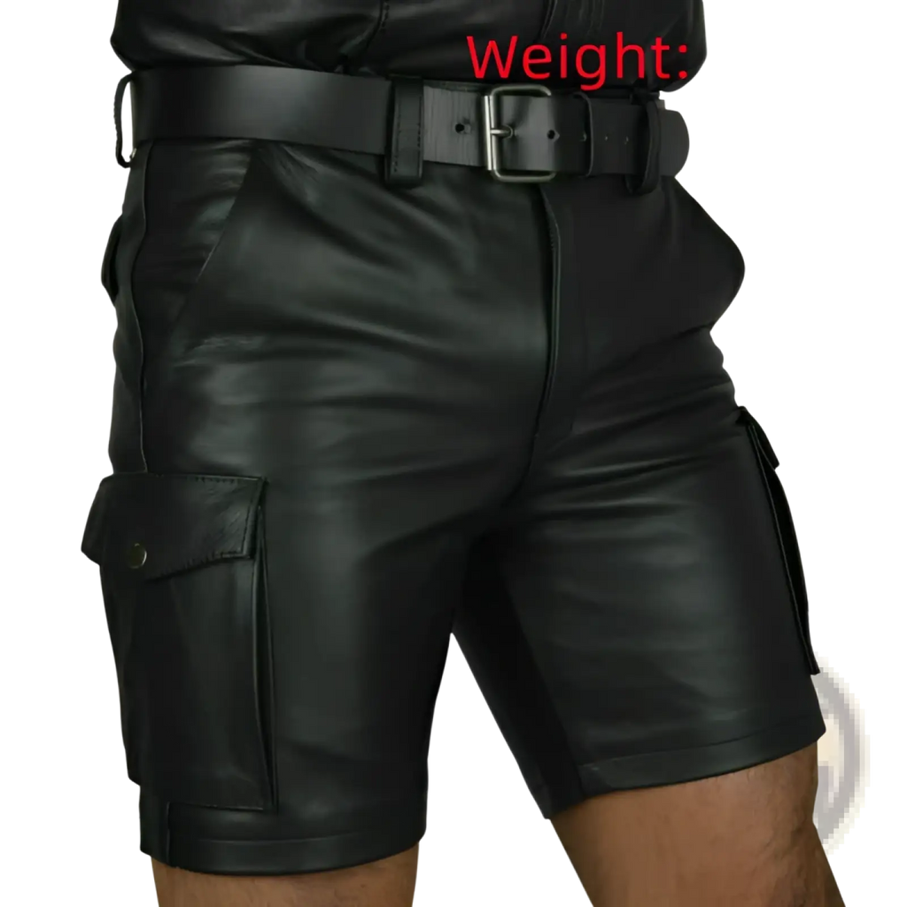 Men’s black pu leather cargo shorts with multiple pockets and sturdy belt loops shown from the back side
