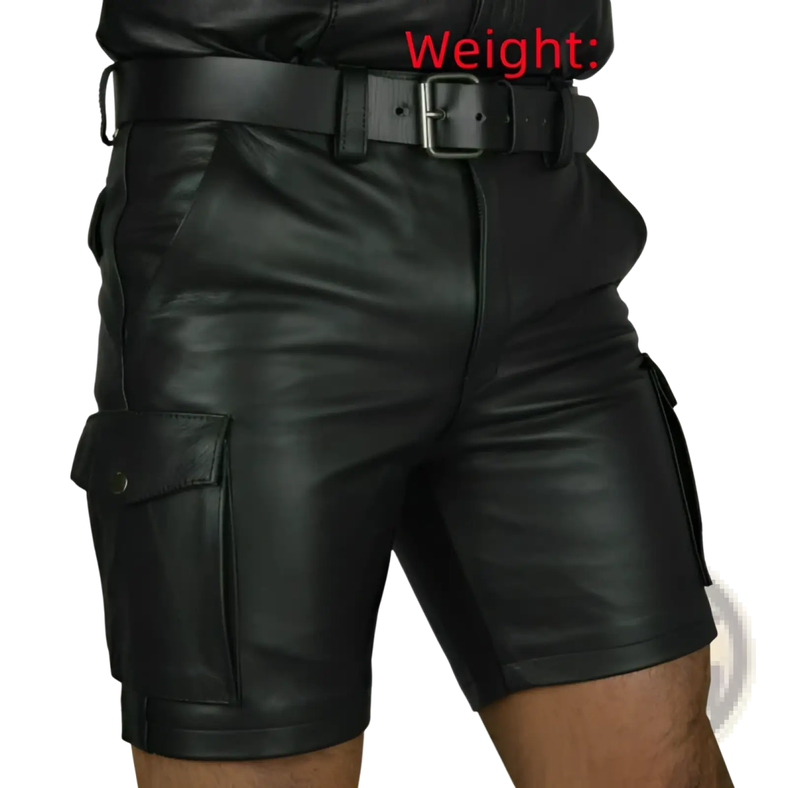 Men’s black pu leather cargo shorts with multiple pockets and sturdy belt loops shown from the back side