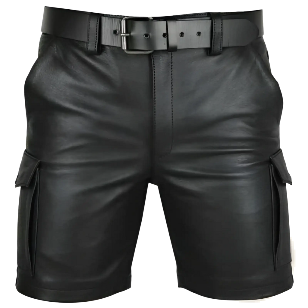 Men’s black pu leather cargo shorts with multi pockets featuring a matching belt and silver-toned buckle