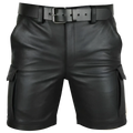 Men’s black pu leather cargo shorts with multi pockets featuring a matching belt and silver-toned buckle