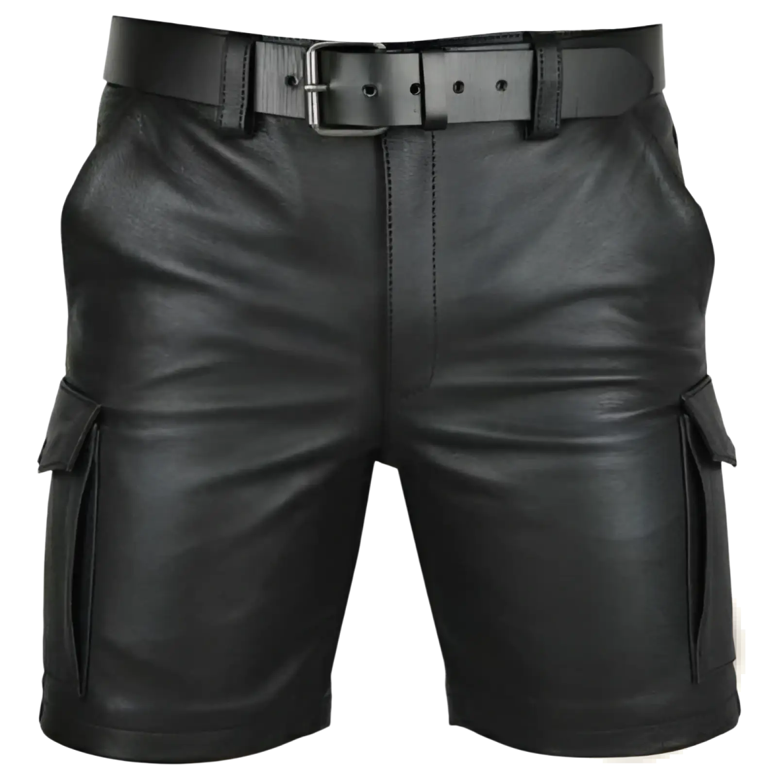 Men’s black pu leather cargo shorts with multi pockets featuring a matching belt and silver-toned buckle