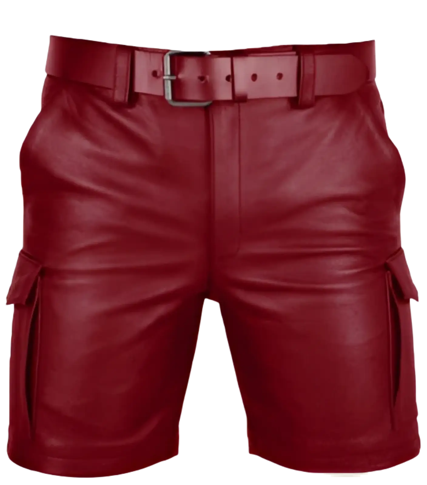 Men’s red leather cargo shorts with multi pockets and a matching belt featuring a silver buckle