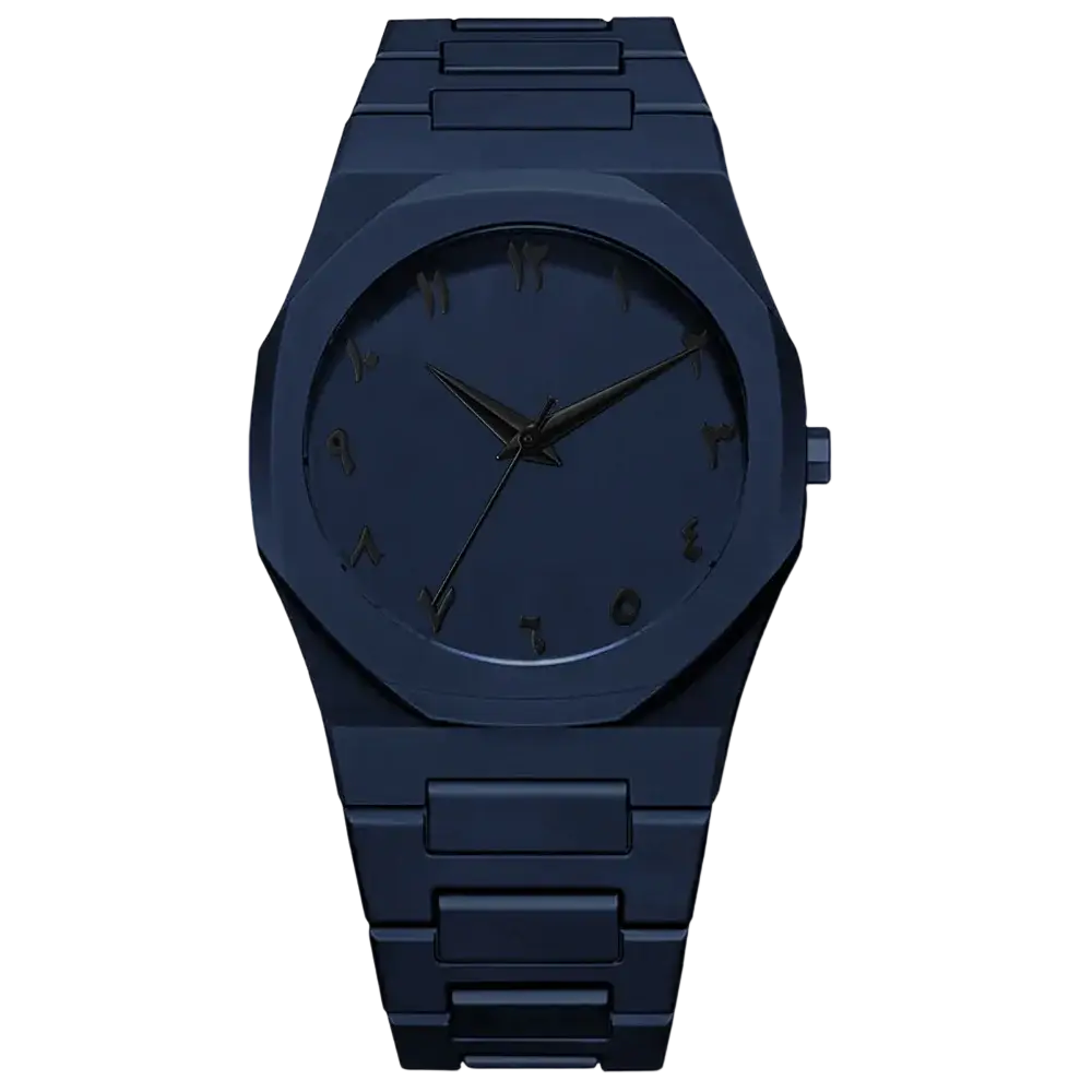 Mens black quartz watch with dark blue metallic octagonal case and matching link bracelet featuring arabic numerals