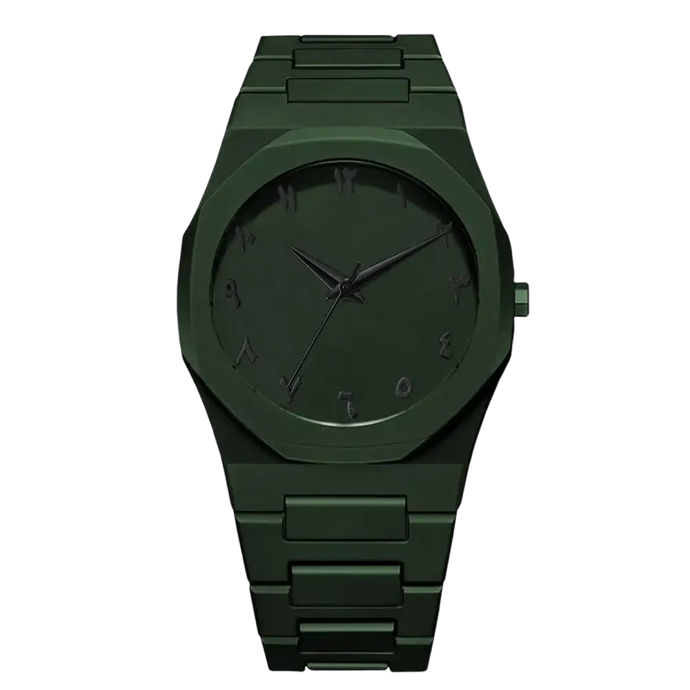 Mens black quartz watch with dark green metallic octagonal case and silicone strap featuring arabic numerals dial
