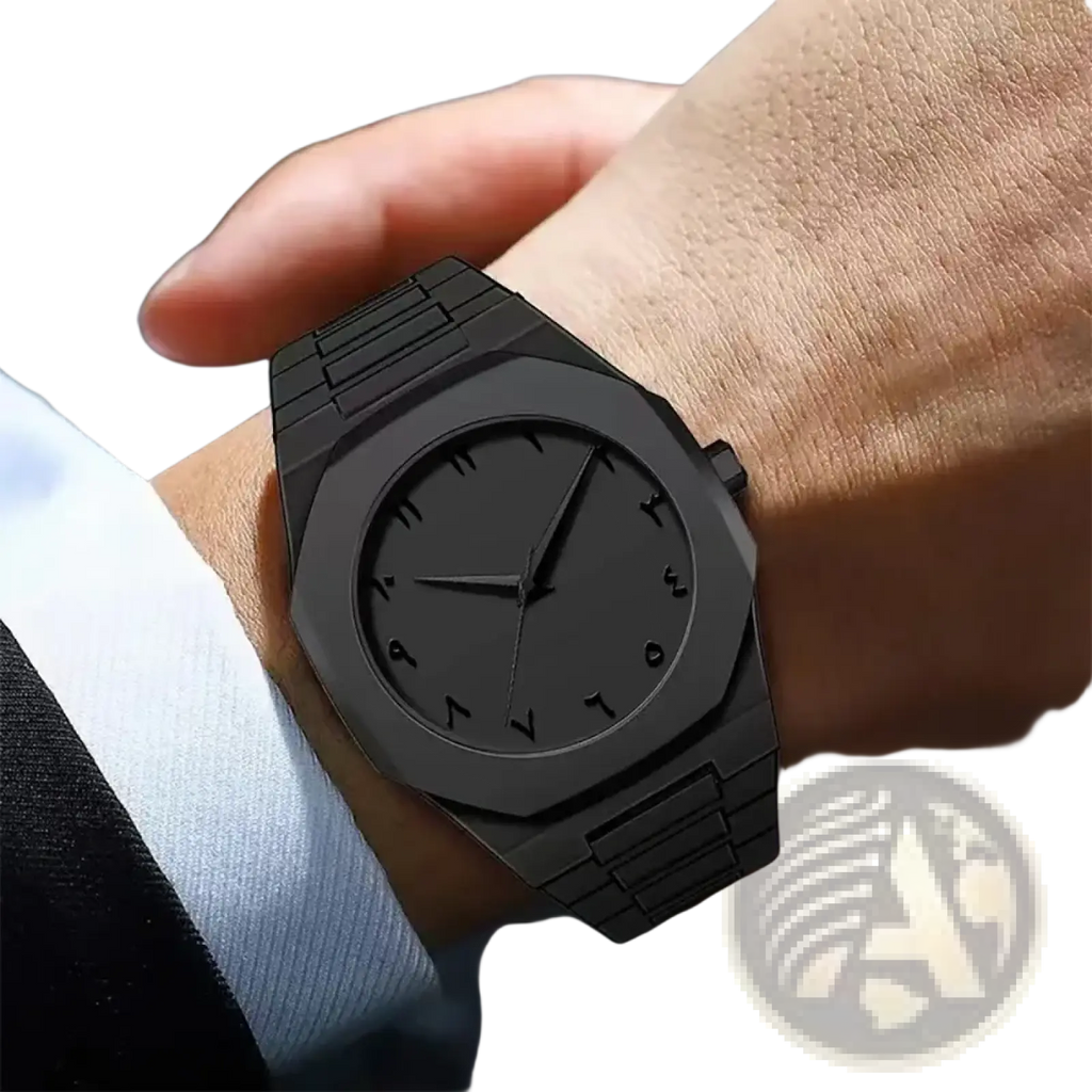 Mens black quartz watch with octagonal matte black case, matching link silicone strap, and minimalist roman numerals